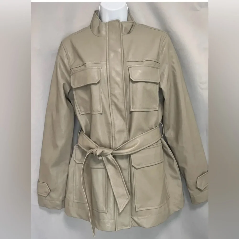 A New Day Anorak Faux Leather Frontier Brown Jacket Coat Full Zip Tie Front NWOT